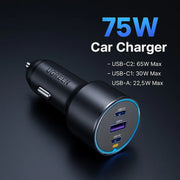 Carregador Veicular UGREEN 75W USB-C USB-A PD Carregamento Rápido